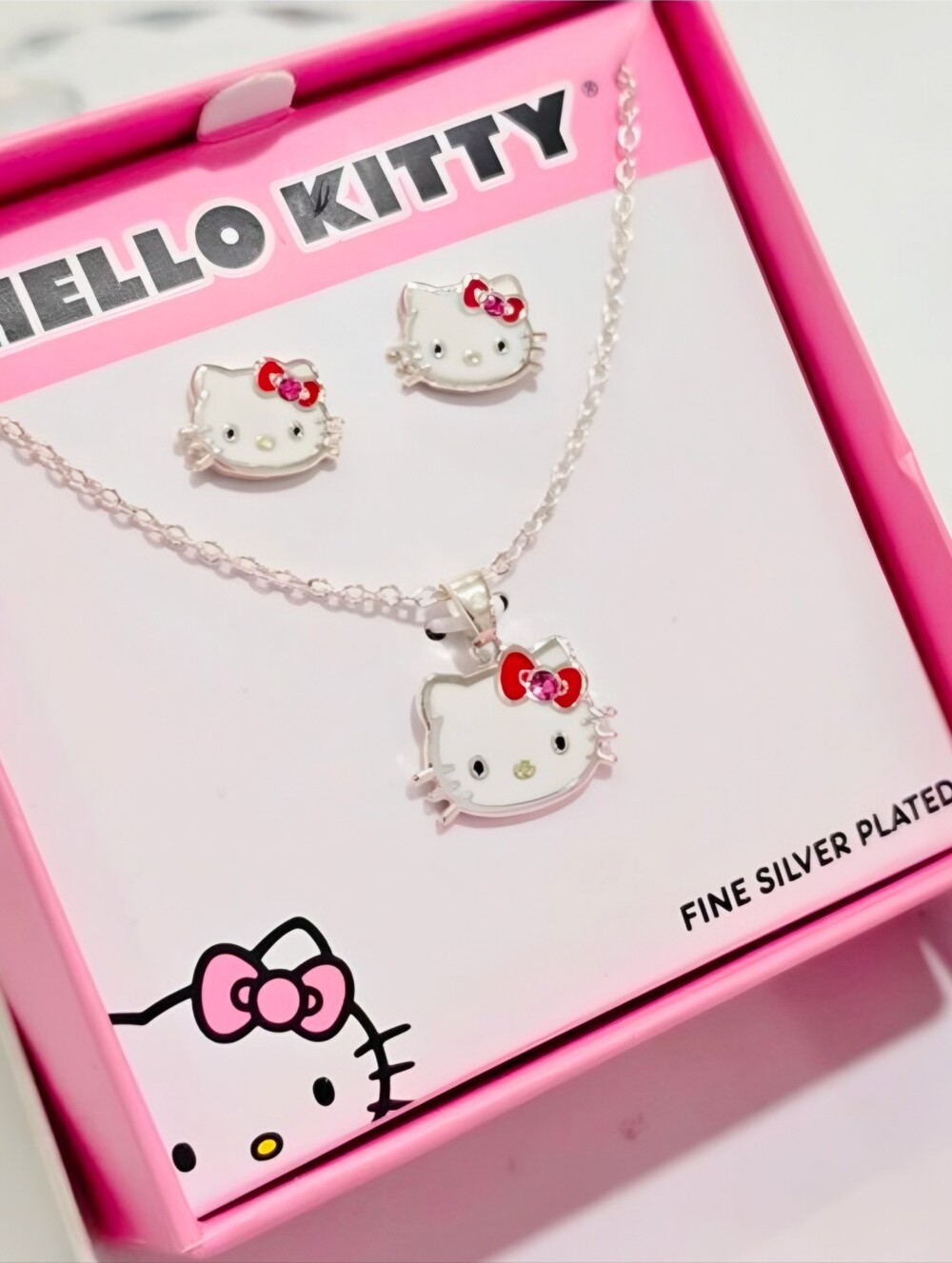 Sanrio Hello Kitty Silver Plated Necklace Stud Earrings Jewelry Set Gift Box NWT